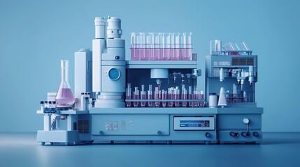 Wall Mural - Automated Chemical Analyzer with Test Tubes and Pink Liquid in Lab Setting