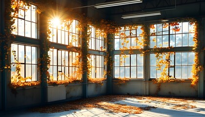 Sticker - Autumn light streaming through large windows in an empty workshop, vibrant leaves enhancing the serene rustic ambiance