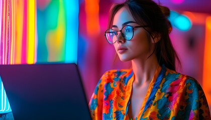 Wall Mural - Focused woman in glasses working on laptop amidst vibrant neon lights in a colorful, dynamic environment