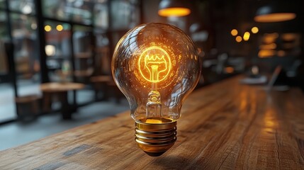 Poster - Glowing Light Bulb with Fist Symbol on Wooden Table