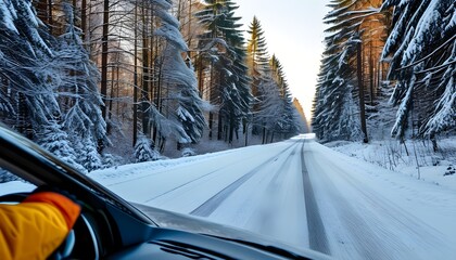 Wall Mural - Winter drive through a serene snowy forest, experiencing the beauty and challenges of a peaceful journey