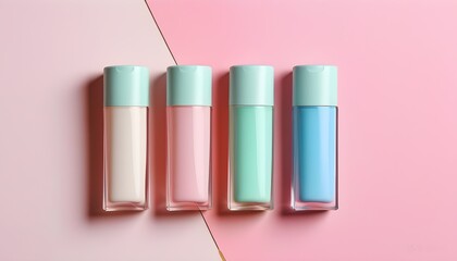 Wall Mural - Minimalist arrangement of pastel cosmetic tubes on a stylish split pink and blue background, embodying contemporary elegance and simplicity.