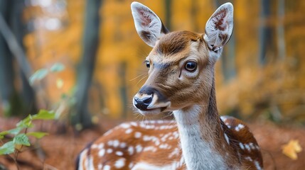 European fallow deer fawn gazing curiously, surrounded by autumn foliage in Bavaria, Germany, with a calm and serene forest backdrop