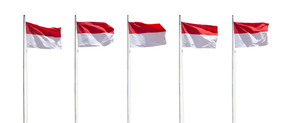 Many of Indonesia flag isolated on white background. Indonesian national flag waving on the flagpole