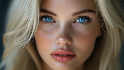 Wall Mural - Captivating Close-Up of Attractive Blonde Woman with Striking Blue Eyes