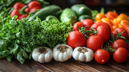 Wall Mural - Fresh Tomatoes  Garlic  Lettuce  and Cucumbers on Wooden Table