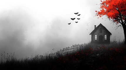 Haunted House Silhouette: A silhouette of a haunted house with bats flying overhead, a crooked fence, and a misty graveyard in the foreground. 