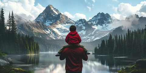 A man carrying his son on shoulders, with majestic mountains and forests in the background