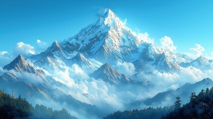 Poster - Majestic Snow capped Mountain Peak in a Blue Sky with Clouds