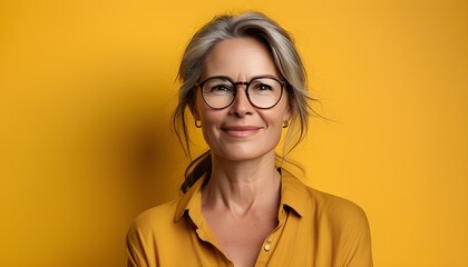 Sticker - Confident Smiling Mature Woman with Glasses Posed Against Bright Yellow Background