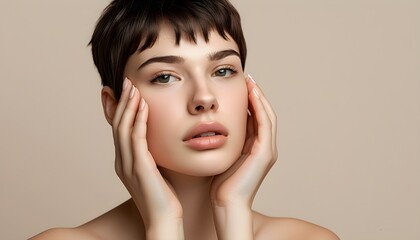 Wall Mural - Beauty and Skincare Portrait of a Young Woman with Short Hair in a Light Studio Setting