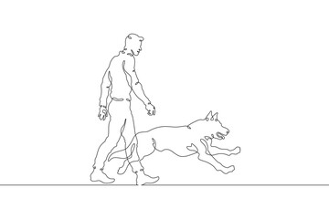 Wall Mural - Continuous one line drawing man walking with dog. Young man walking with pet. Domestic animals. Running dog. One continuous line isolated minimal illustration.