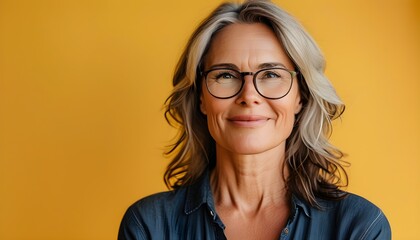 Sticker - Confident Smiling Mature Woman with Glasses Posed Against Bright Yellow Background