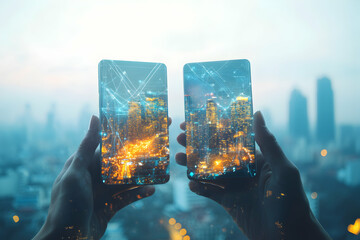 Two hands holding smartphones displaying a futuristic cityscape with glowing lines connecting buildings.