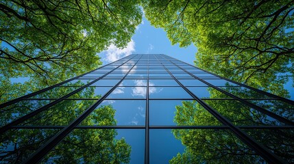 Poster - Modern Glass Building Reflecting Green Trees and Blue Sky