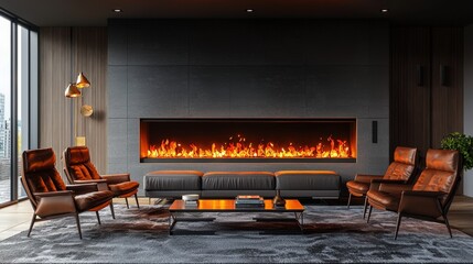 Wall Mural - Modern Living Room with Fireplace  Leather Chairs  and City View