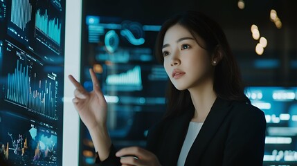 Asian Businesswoman Analyzing Data on Screen.