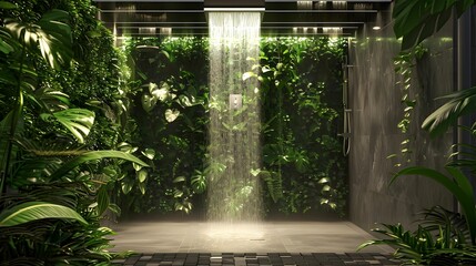 A shower with a waterfall of green plants