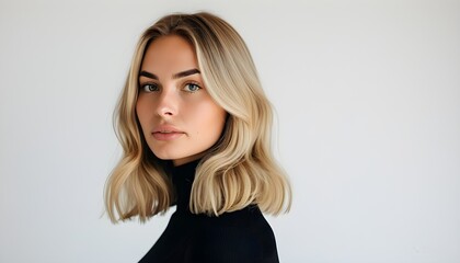 Wall Mural - Striking portrait of a blonde woman with sleek bob hairstyle and subtle makeup, engaging directly with the camera on a minimalist white backdrop