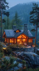 Wall Mural - Peaceful mountain cabin at dusk with warm lights glowing from the windows and tall pine trees surrounding the rustic wooden structure