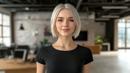 Sticker - A charming female avatar with short white hair in a black tshirt, set against a vibrant newsroom backdrop.