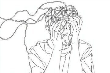 Drawing of a businesswoman with round scribbles instead of her head. Distressed worker with head on shoulder. Woman with headache and workload. Continuous line design graphic modern.