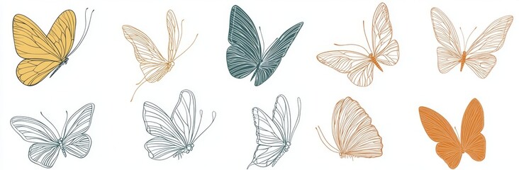 Sticker - A continuous one-line drawing of a butterfly flying over a collection of abstract pastel colors. Modern drawings isolated on white.