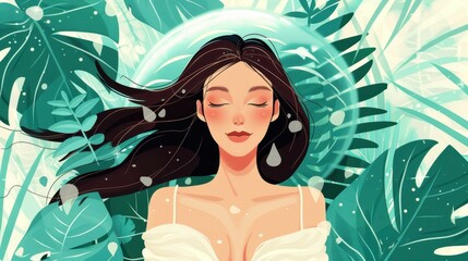 Sticker - A joyful woman revels in natures calm, smiling warmly as she embraces the beauty around her in a vibrant illustration.