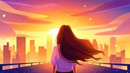 Canvas Print - A longhaired brunette stands against a city backdrop, basking in the warm glow of sunset, showcasing a vibrant scene.