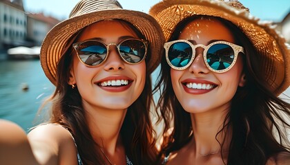 Wall Mural - Cheerful portrait of two young women in sunglasses and sun hats capturing a joyful selfie on a sunny day in a charming city