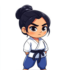 A cute chibistyle drawing of an Asian girl in a karate outfit, showcasing her playful spirit and vibrant energy.