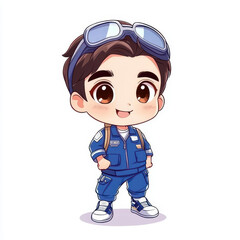 Poster - Meet a delightful chibi boy in a blue pilots suit, sporting a big grin and oversized features that exude cuteness