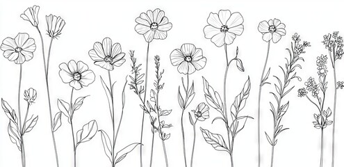 Wall Mural - continually outlined flowers. decoration flowers, botanical floral elements, blossom one line art fo