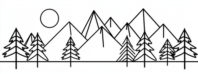 Wall Mural - the landscape of a mountain with fir trees is drawn continuously in one line.
