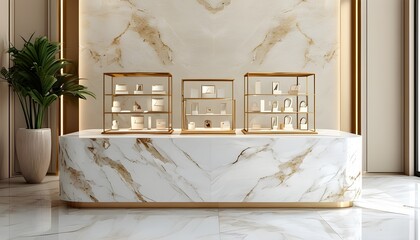 Wall Mural - Elegant gold and white marble podium showcasing luxury products against a sophisticated beige backdrop with generative AI design elements