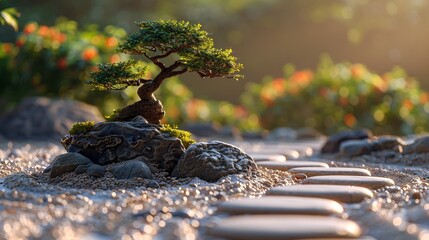 Canvas Print - Peaceful Zen rock garden with carefully raked sand smooth stones and a bonsai tree creating a calming atmosphere in soft natural light