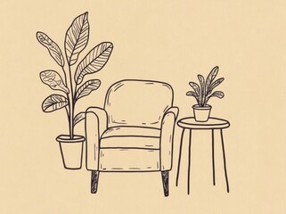 Wall Mural - Continually drawn one-line drawing of armchair with potted plants. Scandinavian style furniture in a simple linear style.