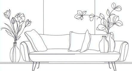 Wall Mural - In a modern style, a continuous one-line drawing depicts a sofa and potted plants. Scandinavian inspired furniture in a simple linear style.