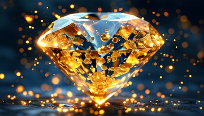 Poster - Translucent Golden Diamond Dispersing into Glow Particles with Optical Flares