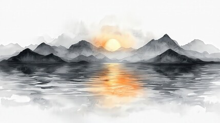 Sticker - Watercolor Mountains and Sunset Reflection in Lake