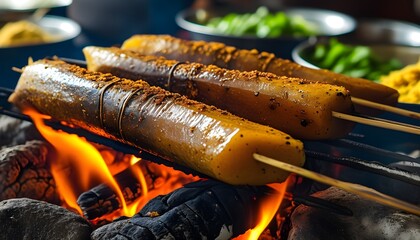 Wall Mural - Grilled Sate Kikil: Spiced Cow Skin Delicacy from Angkringan Cooked Over Charcoal