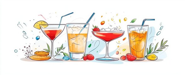 Wall Mural - Isolated modern illustration set of drunken beverages, from classic cocktails to craft beer to shots of strongest liquors.