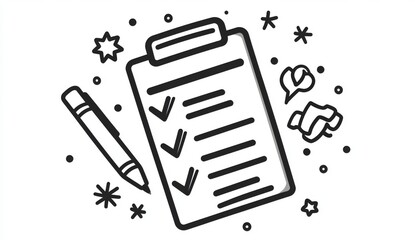 An illustration of a clipboard with a checklist. It is a continuous line one drawing without a background. There are no backgrounds.