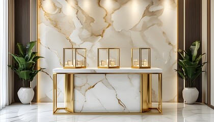 Wall Mural - Elegant gold and white marble podium showcasing luxury products against a sophisticated beige backdrop with generative AI design elements