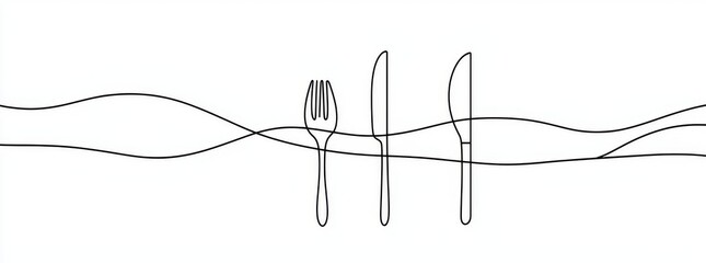 Hand drawn linear icon of a spoon, fork, and knife. One continuous line drawing background. Modern illustration.