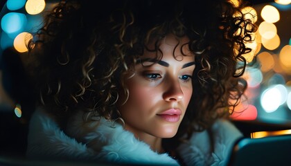 Wall Mural - Curly-haired woman focused on tablet in car at night surrounded by vibrant city lights creating a dreamy bokeh atmosphere