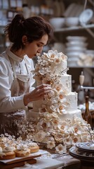 Canvas Print - Professional baker decorating an elegant wedding cake with intricate sugar flowers in a bright modern bakery filled with tools and ingredients