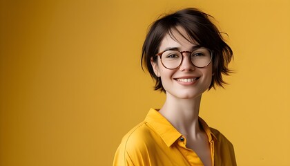 Canvas Print - Confident woman with short hair and glasses in a vibrant yellow shirt, set against a matching background, ideal for professional design and promotional materials