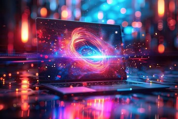 Wall Mural - a laptop screen shows a colorful, swirling vortex