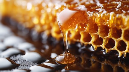 Wall Mural - Close-up of honeycomb dripping with golden honey.